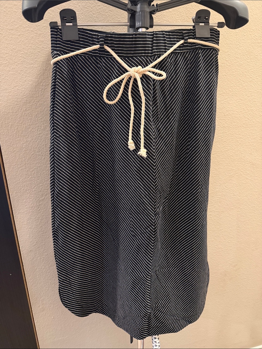 Doe & Rae Black and White Striped casual skirt with Cream Rope Tie